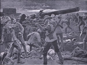 Atak na Gun Hill: Kanonierzy marynarki 47 zaskoczeni, z After Pretoria: The Guerilla War wydanego przez Harmsworth Bros Limited, 1901 autorstwa Frederick Judd Waugh