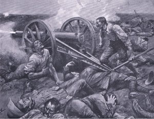 Obrona Dewetsdorp: praca na 15-funtowym samotniku, ilustracja z After Pretoria: The Guerilla War, 1902 autorstwa Frederick Judd Waugh