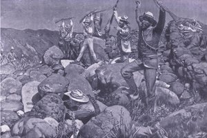 Udawana kapitulacja, która wciągnęła Liverpool w rozpaczliwą sytuację, ilustracja z After Pretoria: The Guerilla War, 1902 autorstwa Frederick Judd Waugh