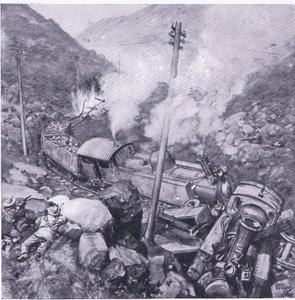 Rozbicie pociągu pancernego w pobliżu Vlakfontein, ilustracja z filmu After Pretoria: The Guerilla War, 1902 autorstwa Frederick Judd Waugh