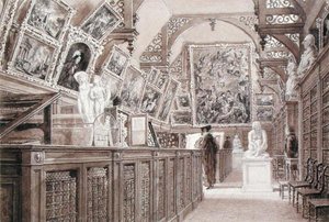 Wnętrze szkoły Old Perse, z wystawionymi zapisami Lorda Fitzwilliama (ołówek, pędzel i pranie na papierze) autorstwa Frederick Mackenzie