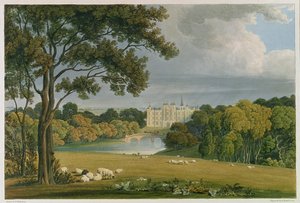 Widok Burghley House, siedziby markiza Exeter, sztychowany i opublikowany przez Roberta Havella (1769-1832), 1819 (kolorystyka)