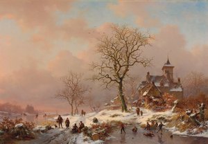 Pejzaż zimowy z postaciami bawiącymi się na lodzie, 1868