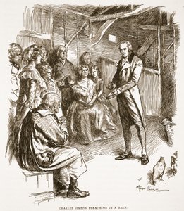 Charles Simeon wygłasza kazanie w stodole, ilustracja z „Kościoła anglikańskiego: historia dla ludu” autorstwa H.D.M. Spence-Jones, wyd. ok. 1910 (zdjęcie w sepii)