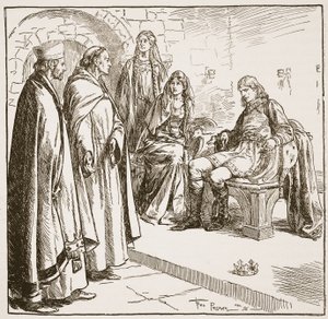 Dunstan, Edwy i Elgiva, ilustracja z „Kościoła anglikańskiego: historia dla ludu” autorstwa H.D.M. Spence-Jones, wyd. ok. 1910 (zdjęcie w sepii) autorstwa Frederick Pegram