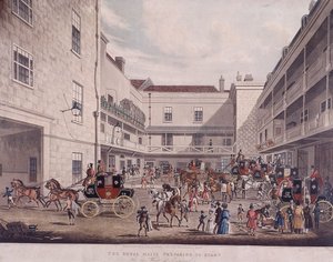 Royal Mail Coaches w Lad Lane, Londyn, 1831 autorstwa Frederick Rosenberg