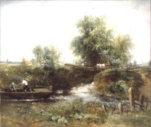 Rzeka z przeprawą konną i skiff autorstwa Frederick Waters Watts