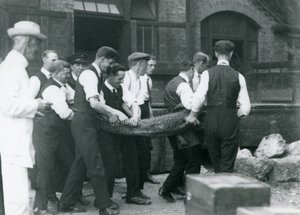 Zespół mężczyzn niesie aligatora, nad którym czuwa Sir Peter Chalmers Mitchell, londyńskie zoo, 1924 autorstwa Frederick William Bond