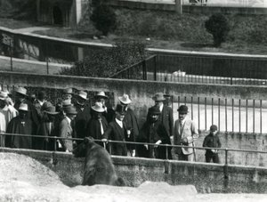 Sir Peter Chalmers Mitchell, z etiopskim regentem Haile Selassie i jego świtą, oglądają niedźwiedzia brunatnego na tarasach Mappin, londyńskie zoo, 1924 autorstwa Frederick William Bond