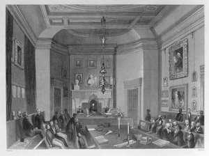 Widok wnętrza Somerset House, ukazujący spotkanie Królewskiego Towarzystwa Antykwarycznego, ok. 1840 r.