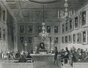Widok wnętrza Somerset House, ukazujący spotkanie Królewskiego Towarzystwa Antykwarycznego, ok. 1840 r. autorstwa Frederick William Fairholt
