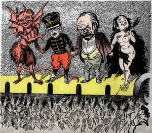 Rehabilitacja Dreyfusa: zakończenie, bohaterowie są oklaskiwani przez publiczność. Od lewej do prawej, diabeł, który prowadził sprawę, kapitan Alfred Dreyfus, Emile Zola i Naga Prawda. Winieta satyryczna York. autorstwa Frederick York