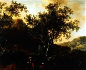 Italianate Krajobraz jeziora z podróżnikami na ścieżce