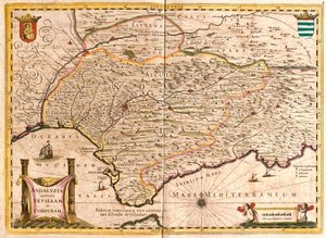 Mapa Andaluzji, z Sewillą i Kordobą (Hiszpania) (akwaforta