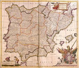 Mapa Półwyspu Iberyjskiego, Hiszpanii i Portugalii (akwaforta
