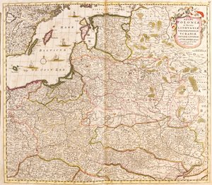Mapa Królestwa Polskiego, książąt litewskich i Inflant (Łotwa) (kraje bałtyckie) i Ukrainy (akwaforta