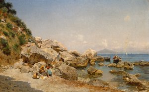 Na plaży, Capri z Wezuwiuszem w tle autorstwa Frederico del Campo