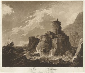 Zamek na skalistym wybrzeżu i statki w burzy na morzu La Tempête (tytuł na obiekcie)