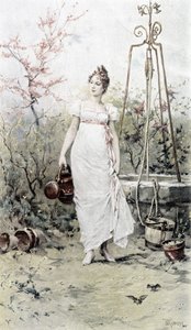 Kobieta powracająca ze studni - alegoria wiosny, kalendarz ilustrowany przez Huberta Dysa, malowany przez F.H. Kaemmerera autorstwa Frederik Hendrik Kaemmerer