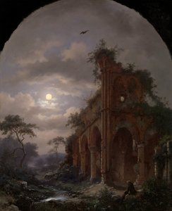 Mnich medytujący w pobliżu ruin przy świetle księżyca Medytujący mnich w ruinach w nocy autorstwa Frederik Marinus Kruseman (signed by artist)