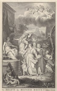 Minerva i sztuka dla postaci na tronie Strona tytułowa dla: The Groot Natuur- en Zedekundigh Wereldtoneel, Delft, R. Boitet, 1743