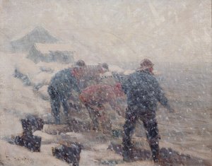 Rybacy ciągną niewodę podczas śnieżycy (olej na płótnie) autorstwa Fredrik Kolstoe