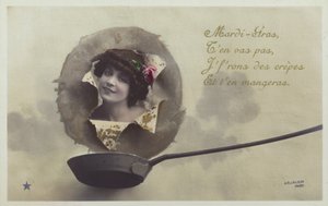 Głowa kobiety pęka nad patelnią do naleśników (przyciemniony kolaż zdjęć) autorstwa French Photographer