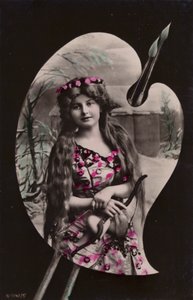 Młoda kobieta trzymająca łuk i strzałę przedstawiona na palecie artystów (podbarwiony fotokolaż) autorstwa French Photographer