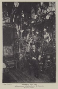 Francuski malarz Jules Badin, kierownik Manufaktury Gobelinów w Beauvais, w swoim warsztacie (zdjęcie czarno-białe) autorstwa French Photographer