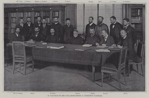 Louis Pasteur i jego współpracownicy w pracy nad szczepionką na zad w Instytucie Pasteura w Paryżu (zdjęcie czarno-białe) autorstwa French Photographer