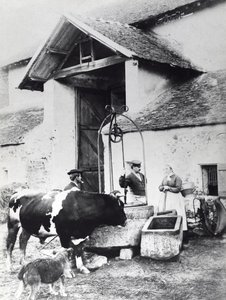 Chłopi wokół studni, w obejściu, ok. 1860-70 (zdjęcie czarno-białe) autorstwa French Photographer