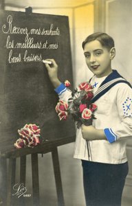 Uczeń piszący na tablicy (kolorowe zdjęcie) autorstwa French Photographer