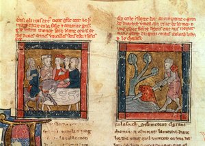 184 Fr.110 f.405 Galahad przybywa do Artura, a Galahad wyciąga miecz z pływającego kamienia w rzece w Camelot, ok. 1250-80 (patrz także 150479) autorstwa French School