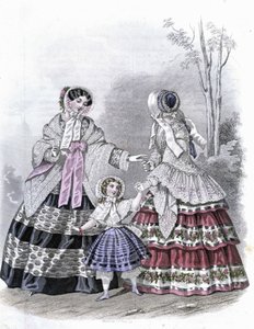 2 modne kobiety z dziewczyną na spacerze - w „Journal des Demoiselles” 1852. autorstwa French School