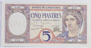 Banknot 5 piastrów, z banku Indochińskiego (papier) autorstwa French School