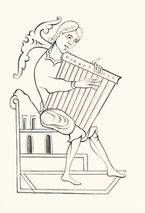 Muzyk z IX wieku grający na instrumencie muzycznym znanym jako psałterium, z „Les Arts au Moyen Age”, opublikowanej w 1873 r. (lito) autorstwa French School