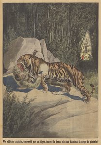Brytyjski oficer, porwany przez tygrysa, znajduje siłę, by zabić zwierzę pistoletem (kolor lito) autorstwa French School