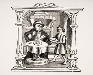 Burgess jedzący posiłek, według ilustracji z XVI-wiecznego rękopisu, z Le Moyen Age et La Renaissance autorstwa Paula Lacroix (1806-84) opublikowanego w 1847 roku autorstwa French School