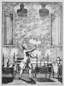 Demonstracja czarowania z La magie Blanche devoilee autorstwa Decremps, 1659, zilustrowana w Historii magii, opublikowanej pod koniec XIX wieku autorstwa French School