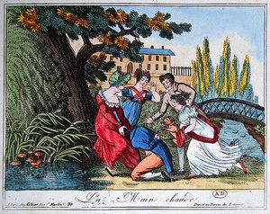 Gra w „La Main Chaude” („Gorące małże”), początek XIX wieku (kolorowe grawerowanie) autorstwa French School