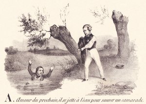 A: Miłość bliźniego, rzuca się do wody, by ratować towarzysza. autorstwa French School