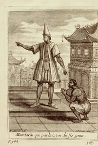 Mandaryński mężczyzna rozmawiający z jednym ze swoich ludzi, z Voyage du Siam des Peres Jesuites autorstwa Guy Tachard, 1688 autorstwa French School