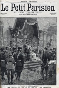 Propozycja ogólnego rozbrojenia (sporządzona do mocarstw europejskich) – car Mikołaj II (1868-1918) czytając swój pismo swoim doradcom. Le Petit Parisien autorstwa French School