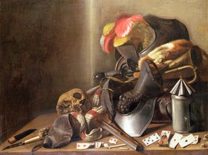 Martwa natura Vanitas z czaszką, kartami do gry i zbroją, ok. 1650 (olej na płótnie) autorstwa French School