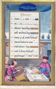 Wiktoriański arkusz kalendarza na luty z ilustracją z Księgi Godzin Anny de Bretagne (1488-1514) autorstwa French School
