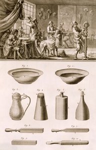 Fryzjer i narzędzia fryzjerskie, z Encyclopedie des Sciences et Metiers autorstwa Denisa Diderota (1713-84) opublikowanej ok. 1770 r. autorstwa French School