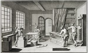 Warsztat bukmacherski, z Encyclopedie des Sciences et Metiers Denisa Diderota (1713-84) wydanej ok. 1770 r. autorstwa French School