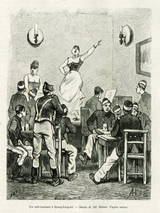 Kawiarnia śpiewająca w Bourg Leopold. Rycina A.Huberta do ilustracji opowiadania La Belgique, autorstwa Camille Lemonnier, w le tour du monde 1886, w reżyserii Edouarda Chartona (1807-1890), Hachette, Paryż. autorstwa French School