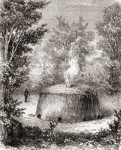 Piec na węgiel drzewny w lesie, według rysunku z XIX wieku, z Les Merveilles de la Science, opublikowany ok. 1870 (rycina) autorstwa French School