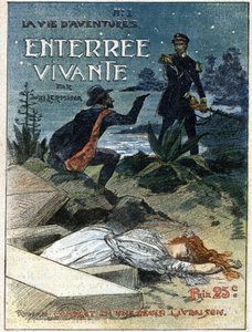 Przestępcza broń z pistoletem grozi stróżowi prawa, który złapał go, gdy odważył się pochować ciało kobiety. Ilustracja do „Żywego pogrzebu” Julesa Lerminy (1839-1913). Jedna z gazet „Życie Przygód”. Grawer w „” Journal des Voyages”” of autorstwa French School
